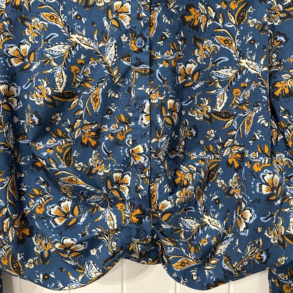 DREW Floral Patterned Blue and Gold Women's Long Sleeve Button Front Blouse - Picture 2 of 7